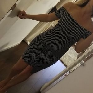 Blue striped fitted off the shoulder dress